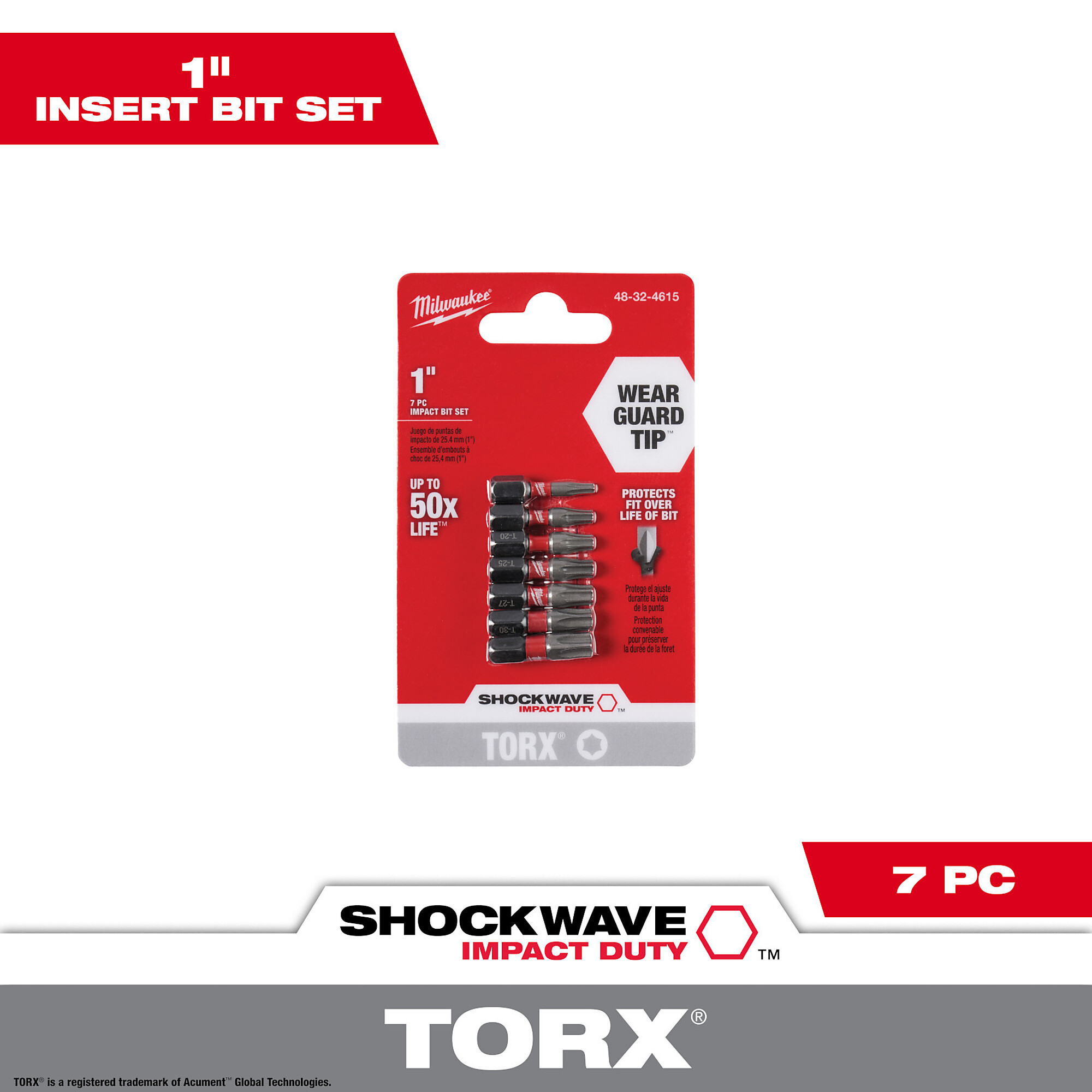 Milwaukee Shockwave Impact Duty Driver Bit, 7-Pack, 1in., Torx T10-T40, Model# 48-32-4615